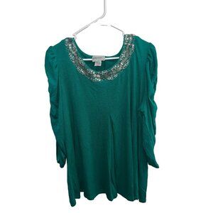 Glitterscape womans top plus size 2X green round sequin neckline ruched pullover
